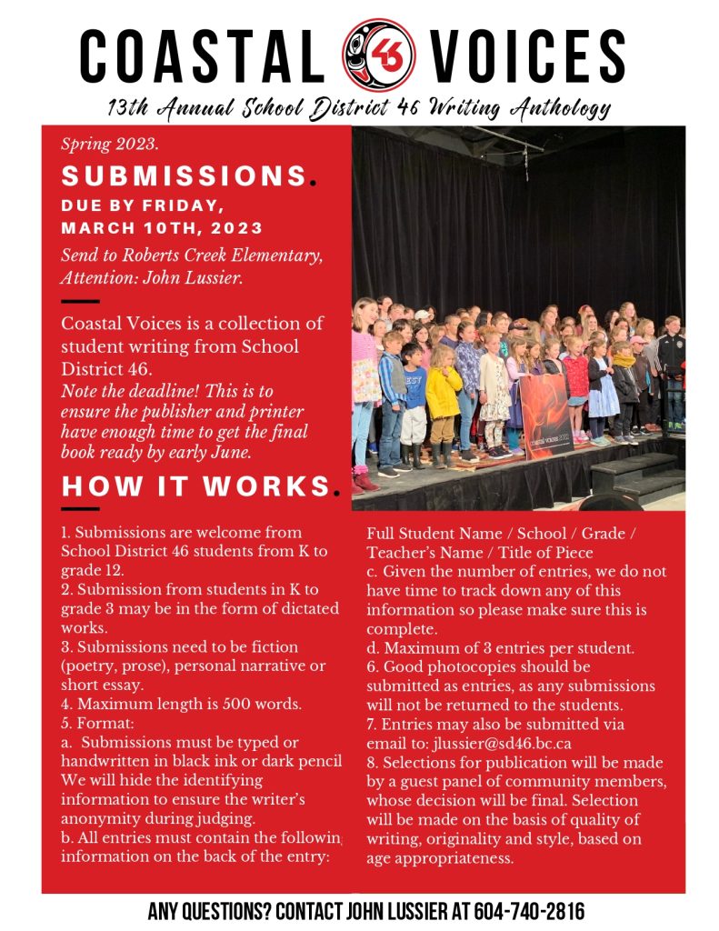 The School District 46 Coastal Voices  submissions poster, with all the details 